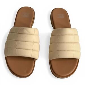 Sorel Ella III Slide Sandals Ivory Leather Puffer Strap Slides Size 7.5 Flats
